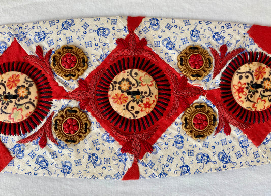 Lotus Belt with Antique Quilt Pieces and Hand Embroidery and Ornaments - Red, White & Blue