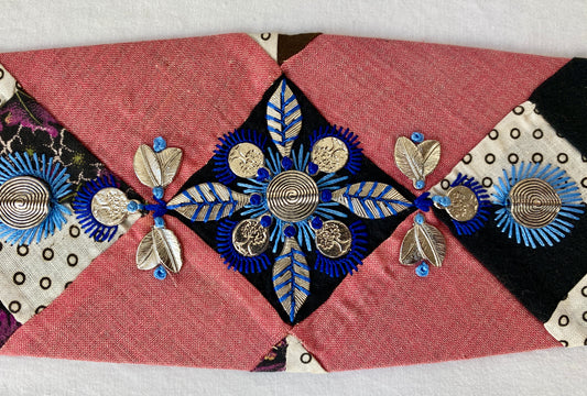 Lotus Belt with Antique Quilt Pieces and Hand Embroidery and Ornaments - Blue, Red & White