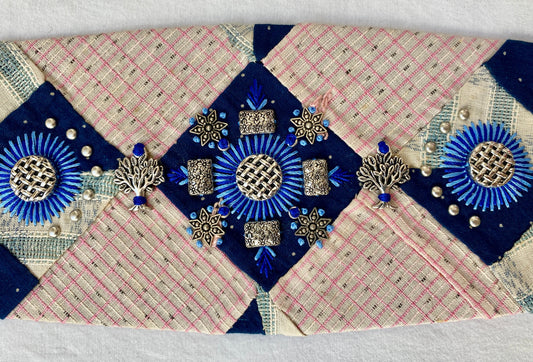 Lotus Belt with Antique Quilt Pieces and Hand Embroidery and Ornaments - Pink, White & Blue