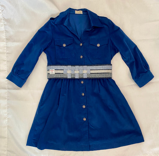 Peony Dress in Royal Blue Corduroy with Woven Harris Tweed Belt