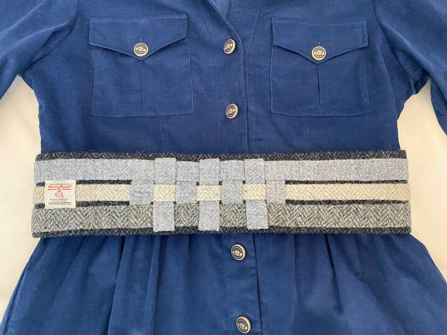 Peony Dress in Royal Blue Corduroy with Woven Harris Tweed Belt