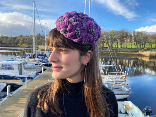 Woven Harris Tweed Hat in Purple and Black & White