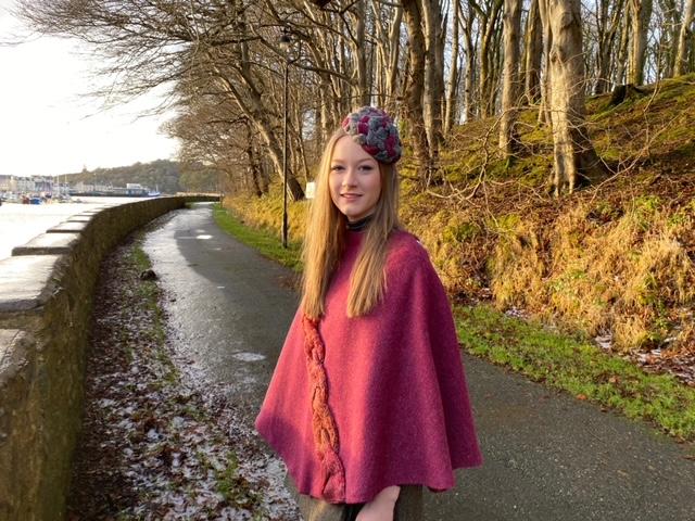 Tweed Poncho with burgundy Knitted Braid