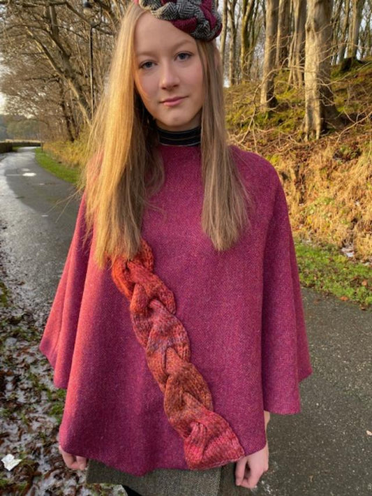 Tweed Poncho with burgundy Knitted Braid