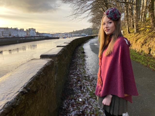 Tweed Poncho with burgundy Knitted Braid