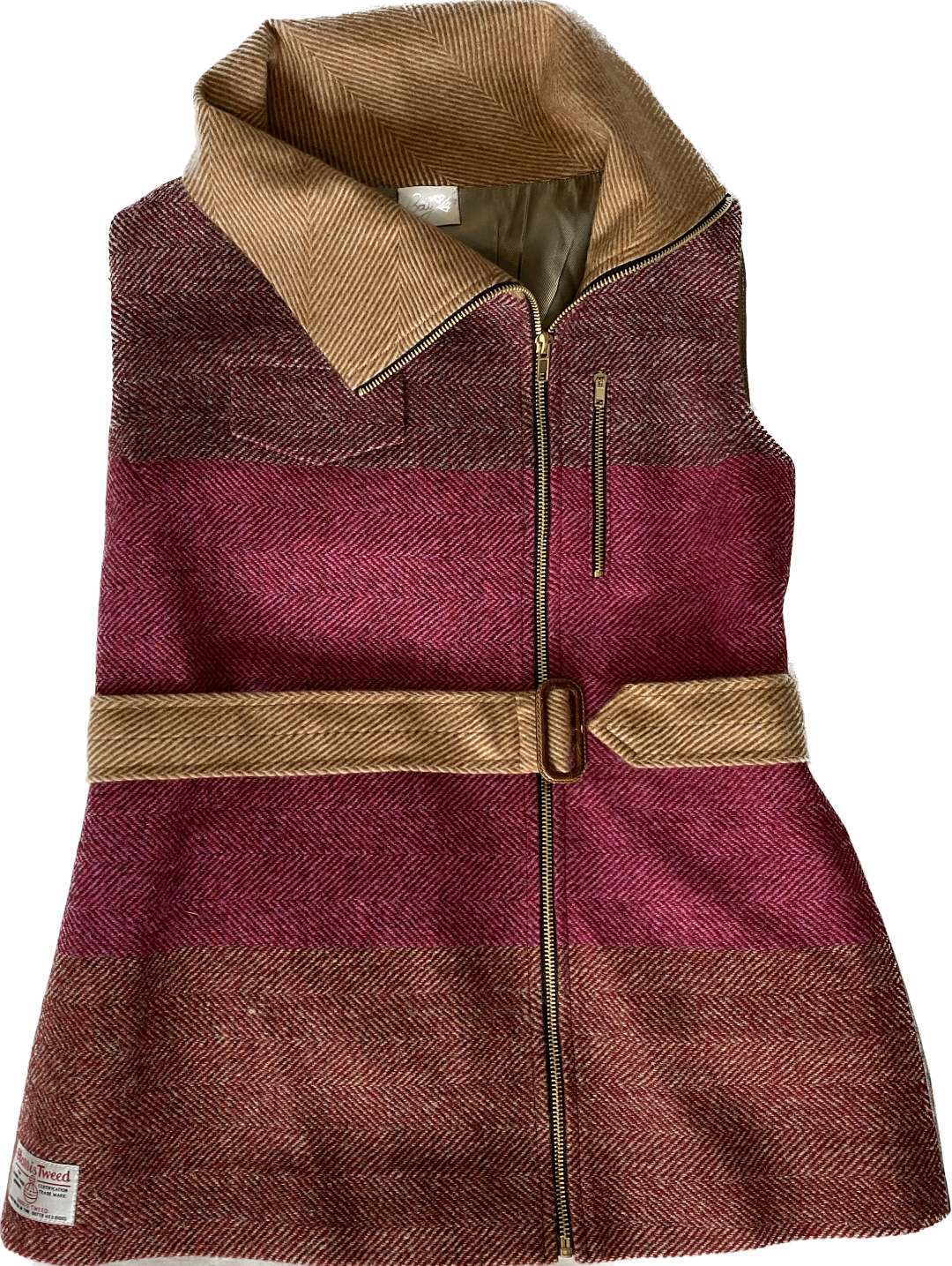 Dahlia Vest. Tweed w Cashmere Neck and Belt - Tan & Pink