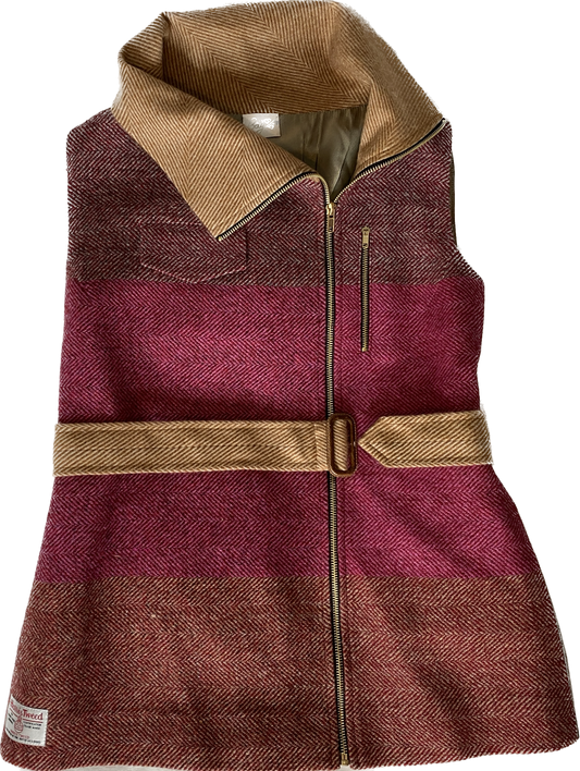 Dahlia Vest. Tweed w Cashmere Neck and Belt - Tan & Pink