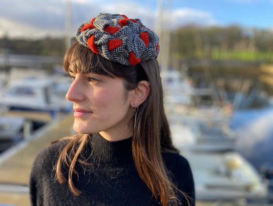 Woven Harris Tweed Hat in Herringbone and Orange