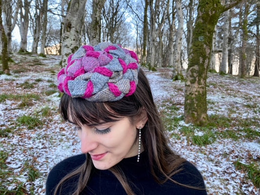 Woven Harris Tweed Hat in Blue with Pink Knitted