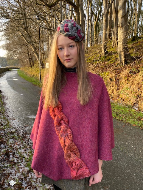 Tweed Poncho with burgundy Knitted Braid