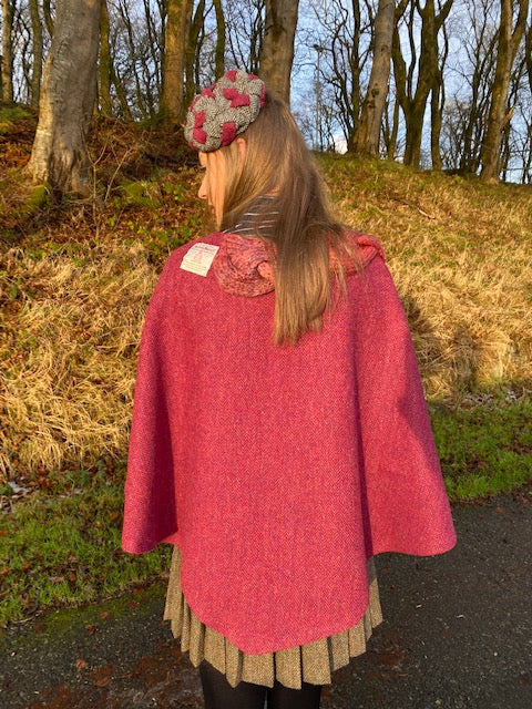Tweed Poncho with burgundy Knitted Braid