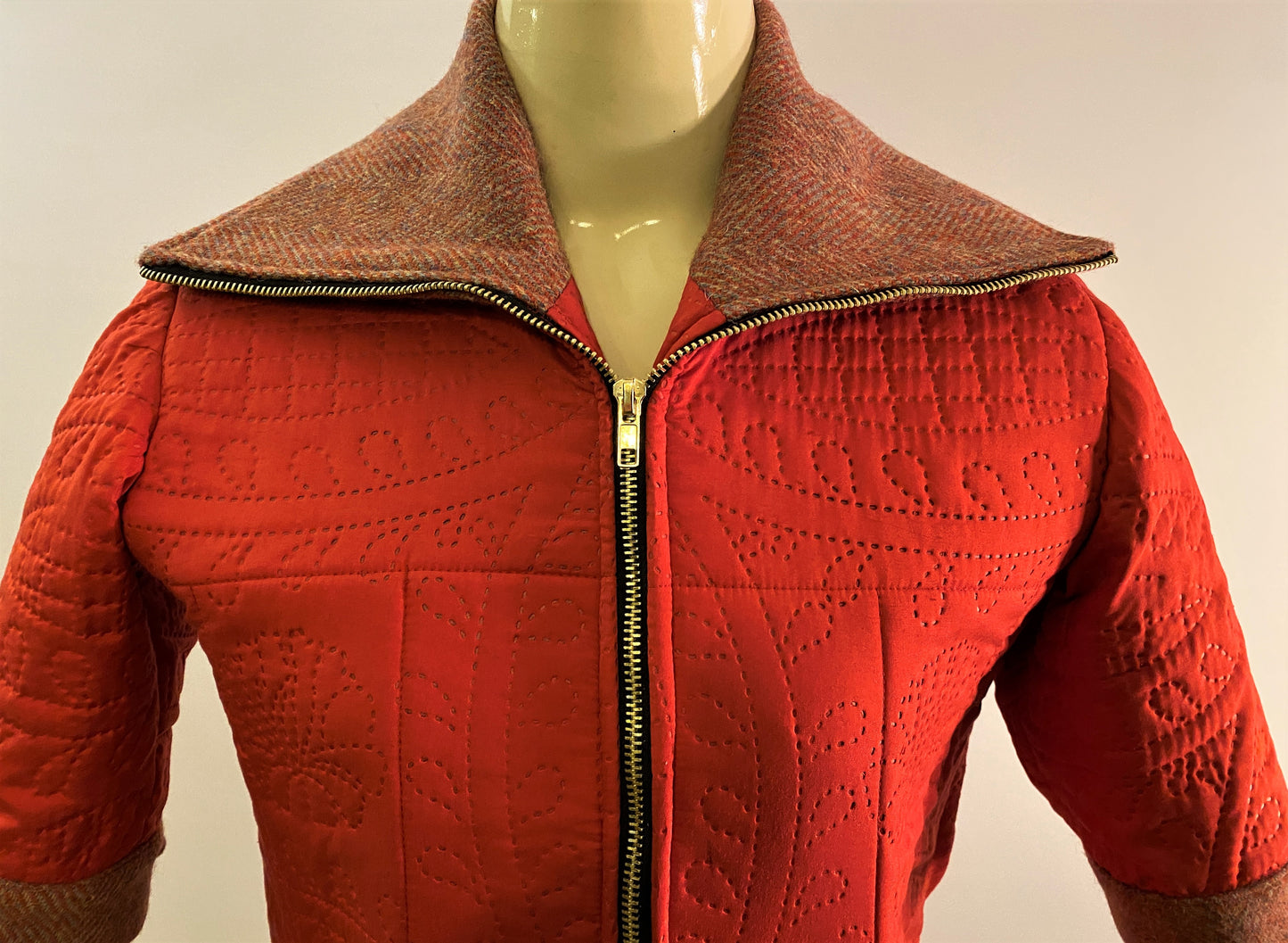 Rudraksha Jacket. Quilted front with Orange Harris Tweed