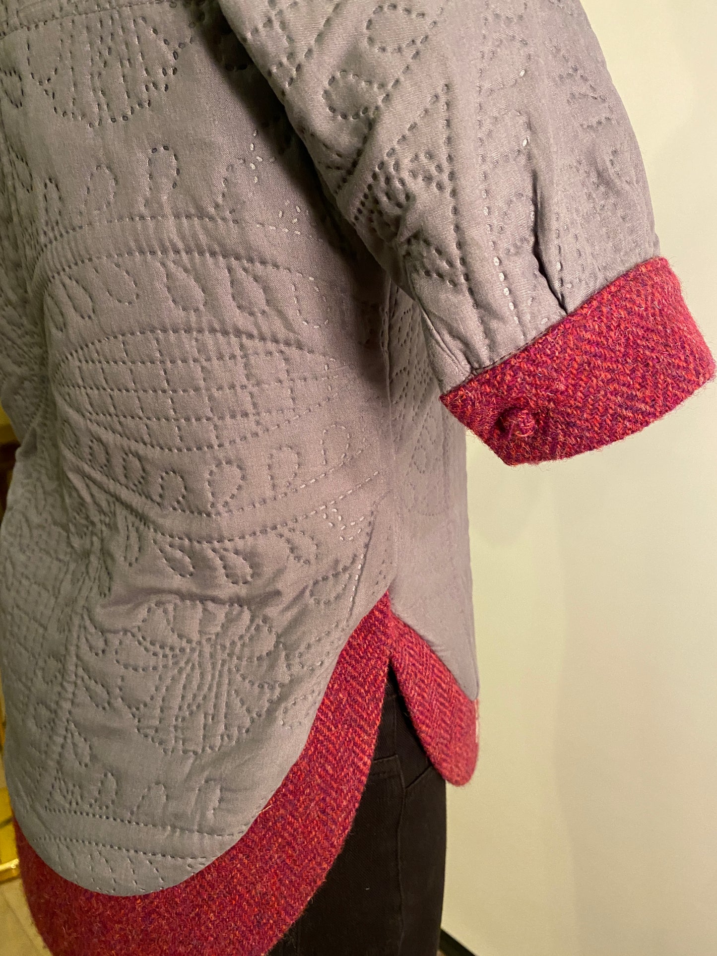 Rudraksha Jacket. Quilted Gray front with Burgundy Harris Tweed