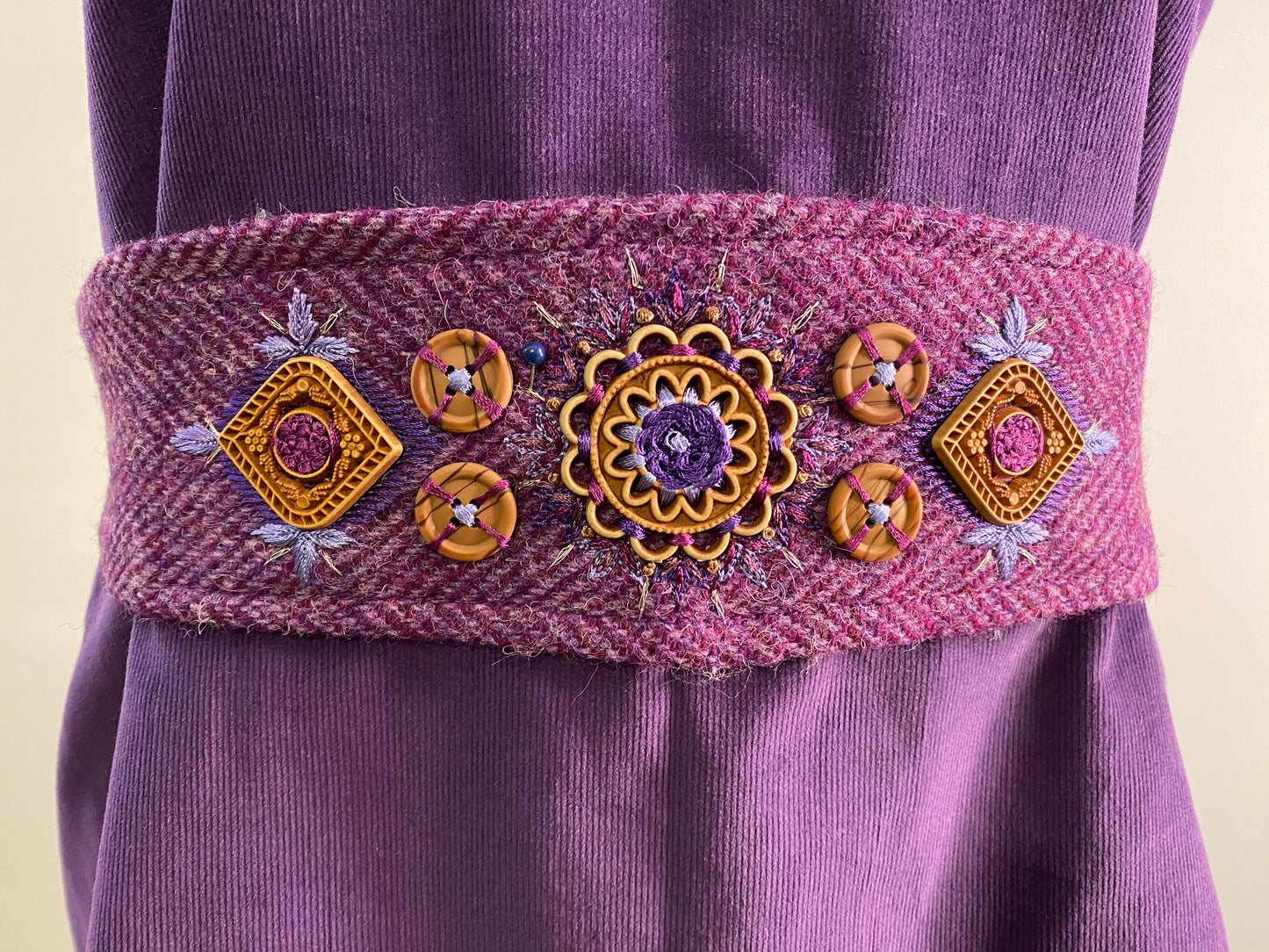 Jasmin Top w Harris Tweed belt and Hand Embroidery - Purple
