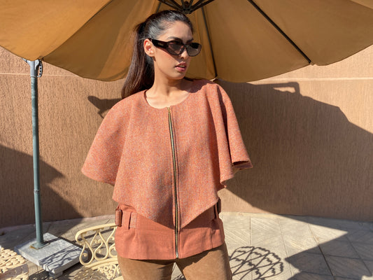 Camelia Poncho with orange herringbone Harris Tweed