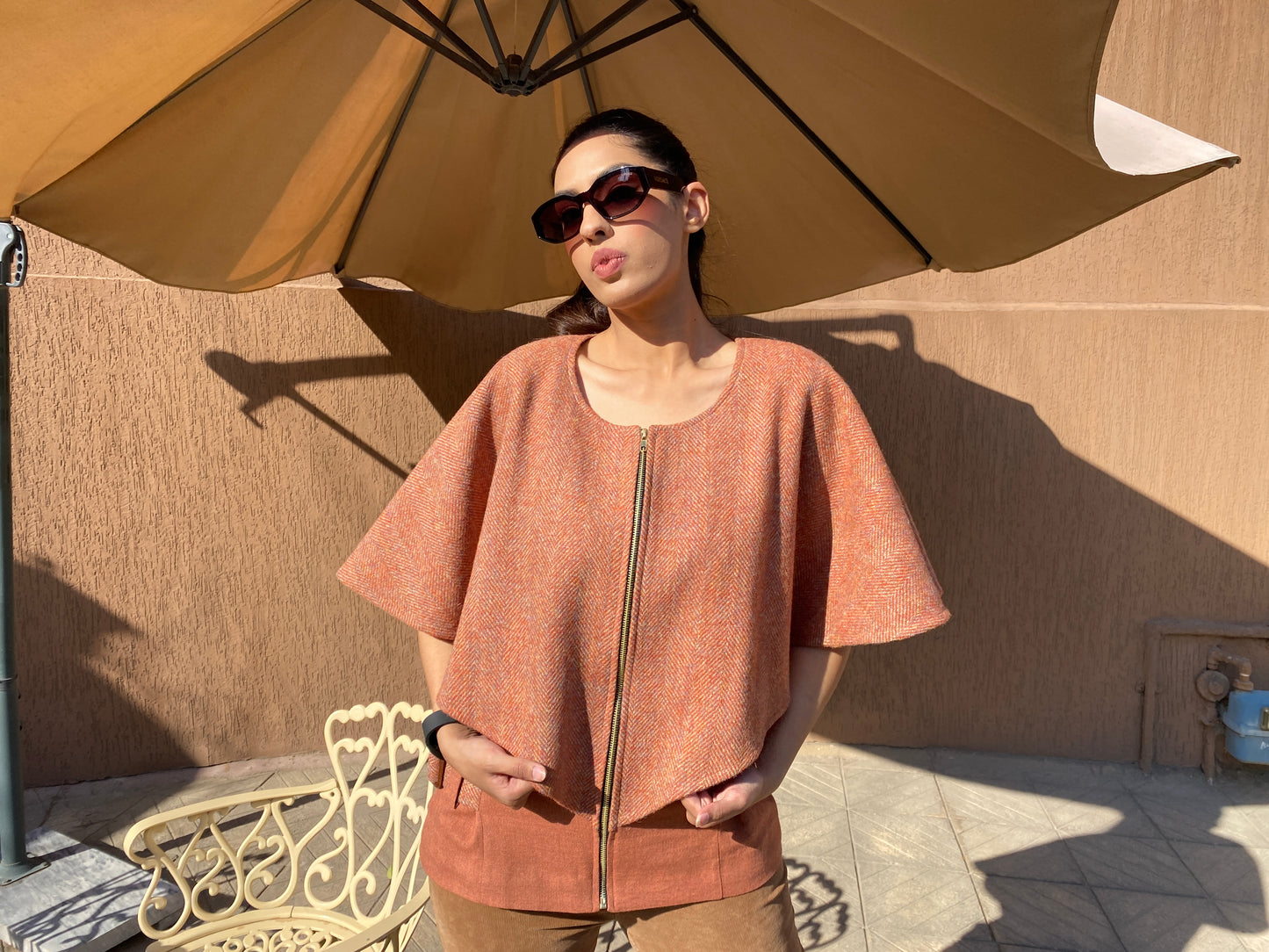 Camelia Poncho with orange herringbone Harris Tweed