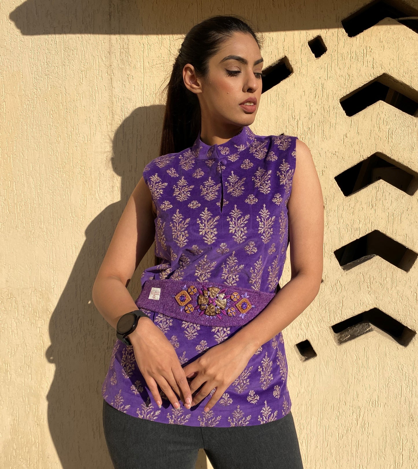 Jasmin Top with Harris Tweed belt and Hand Embroid - Purple