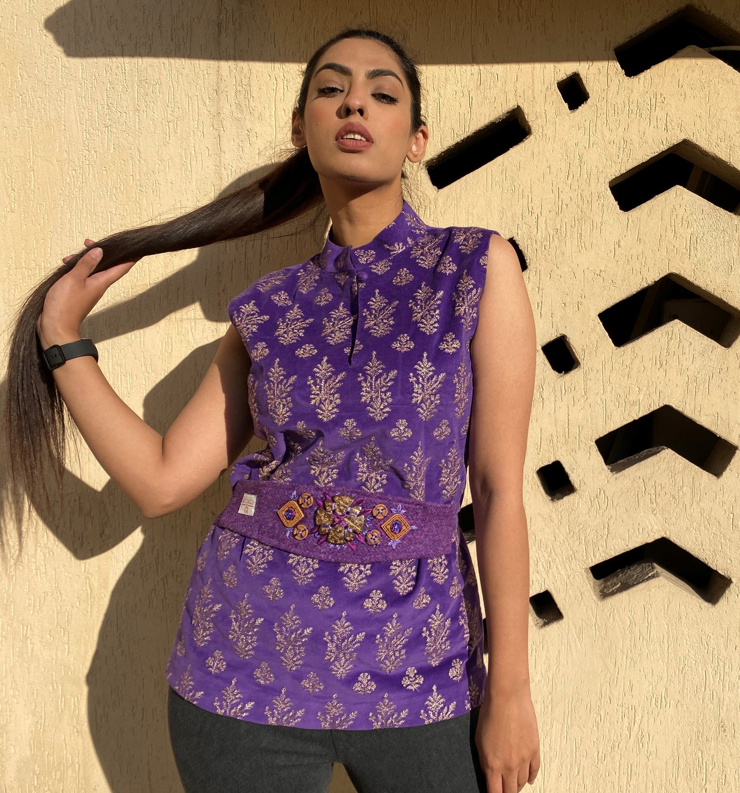 Jasmin Top with Harris Tweed belt and Hand Embroid - Purple