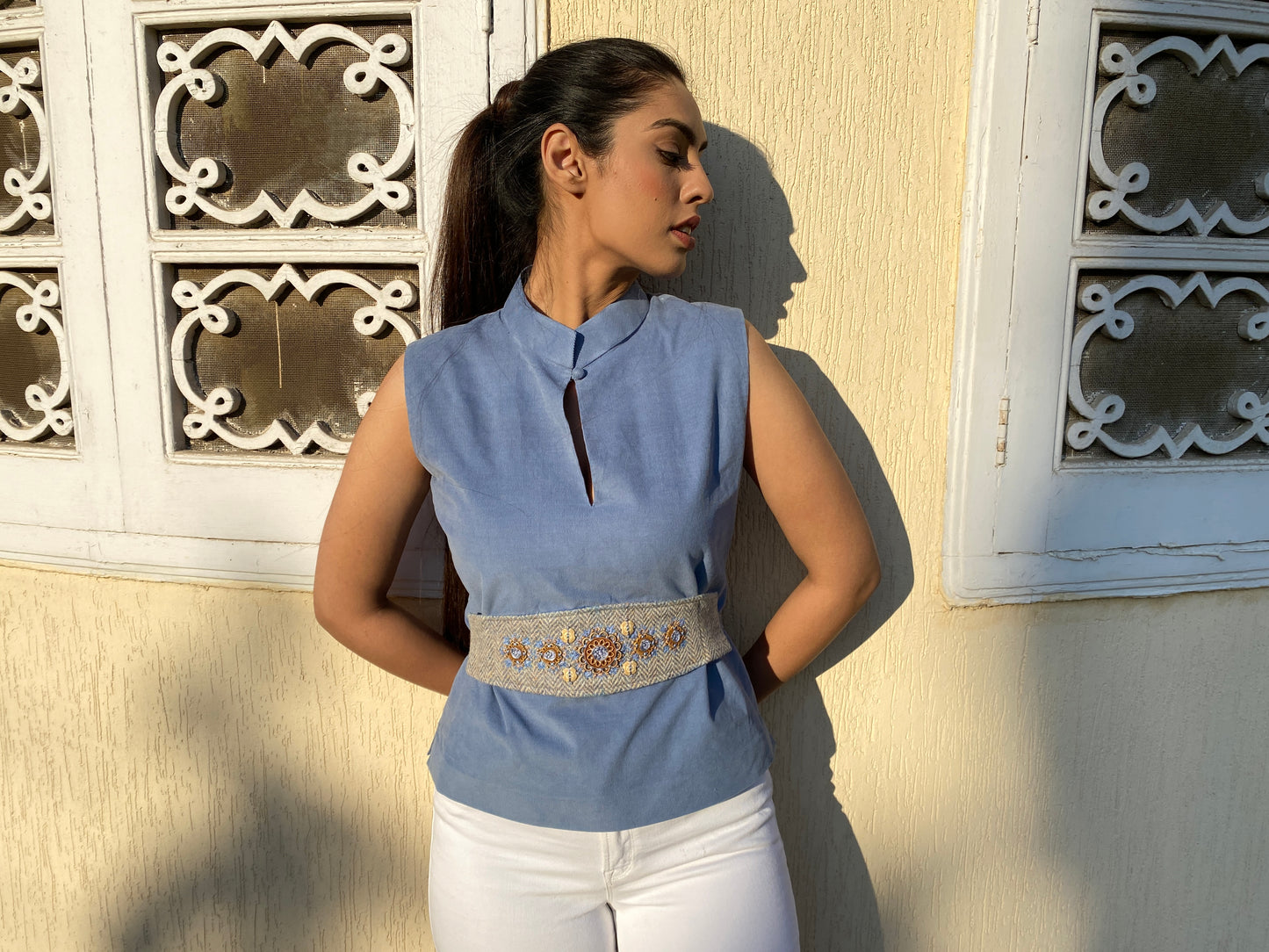 Jasmin Top with Harris Tweed belt and Hand Embroider - Short Blue
