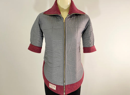 Rudraksha Jacket. Quilted Gray front with Burgundy Harris Tweed