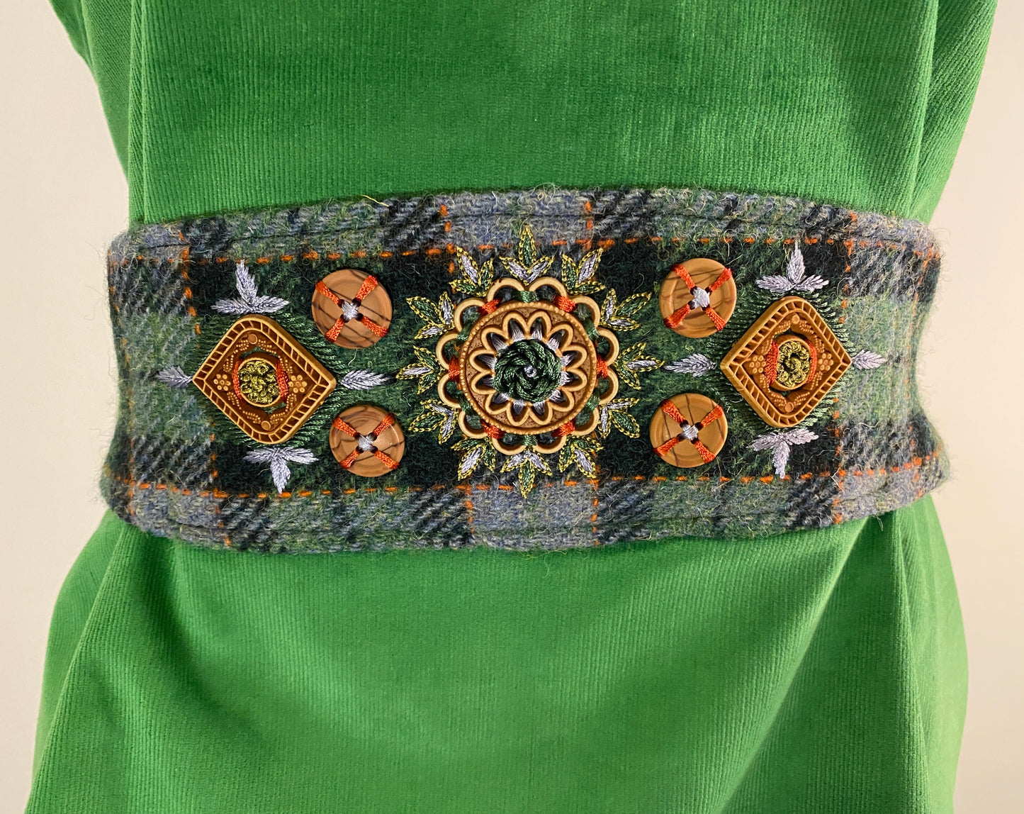 Jasmin top with Harris Tweed Belt with Hand-Embroidery-Green