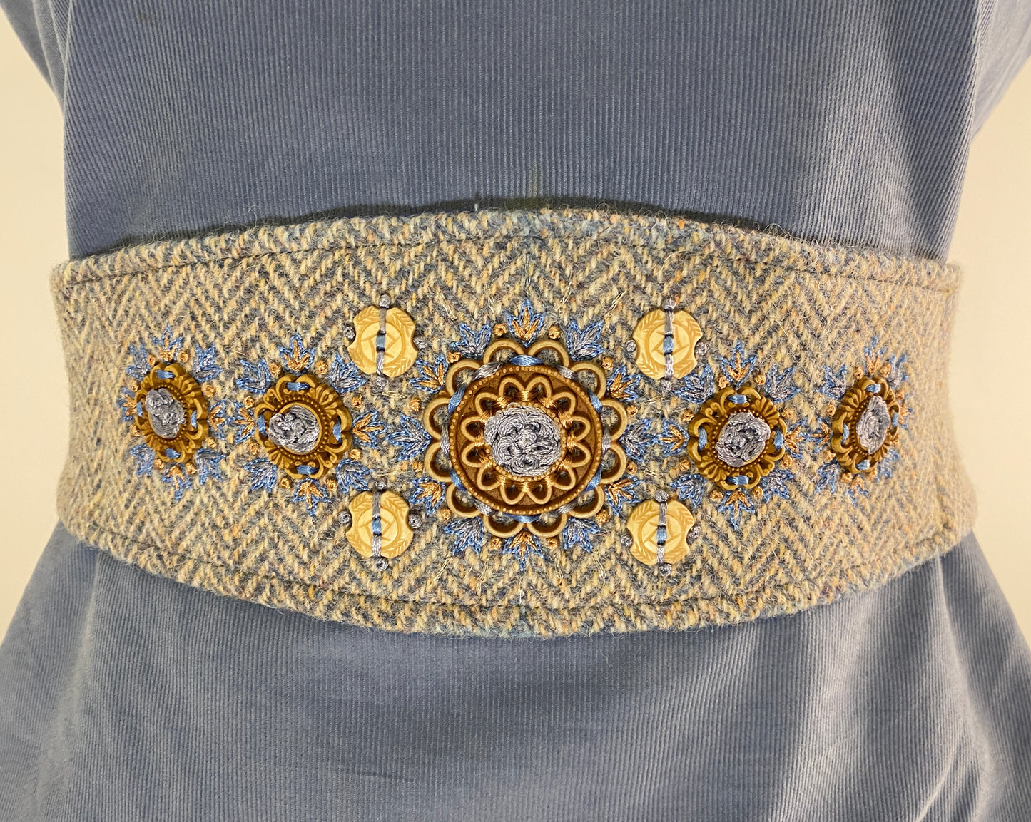 Jasmin Top with Harris Tweed belt and Hand Embroider - Short Blue