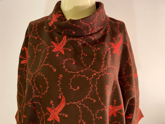 Taka Shawl Shirt in Brown with Pink Embroidery